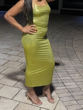 ZARAE Sleek Olive Green Metallic Satin Slip Midi Dress - Women